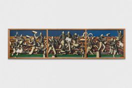 Ferdinand Dölberg, Kein Ende in Aussicht, es sei denn du hilfst, 2024, 154 x 600 cm, Coal, chalk, acrylic on canvas 