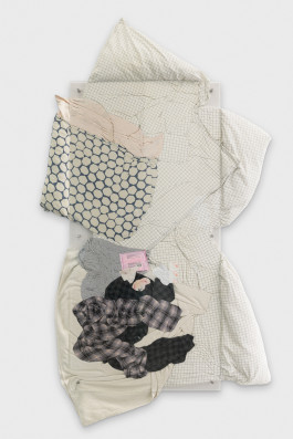 Rebekka Benzenberg Looking For Stories To Live, 2025 Plexiglas, wooden board, duvet, down pillows, pillowcases, duvet covers, bedspread, make-up remover wipes, pyjama bottoms, T-shirt, heat plasters 90 x 185 x 15 cm 