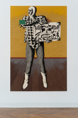 Ferdinand Dölberg Objekt in ocker für jemanden, der nicht existiert, 2023 210 x 140 cm Acryl, Kohle, Kreide, Papier auf Leinwand 