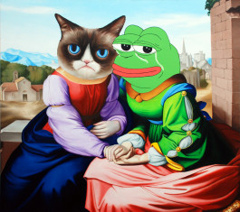 Avery Gia Schramm, Die Geburt der Tragödie aus dem Geiste der Musik (Die Gesichter Grumpy Cats und Pepe dem Frosch über Friedrich Overbecks Italia und Germania) 2019 160 x 180 cm Öl auf Leinwand 