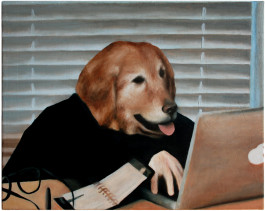 Avery Gia Schramm, Doggo (Stil einer Office-Dog-Gif) 2019 40 x 50 cm Öl auf Leinwand 