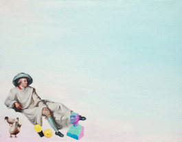 Avery Gia Schramm, Ich bin neu in der Hamburger Schule (Tischbeins Goethe, die Enten eines Tocotronic Covers, Beuys’ Capriebatterie und die gerenderte Büste Städels auf Frankfurter Himmel) 2019 60 x 80 cm Öl auf Leinwand 