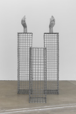 Emma Adler Die Warheit, 2024 160 x 75 x 75 cm Steel, 3D prints, aluminum, chain, magnifying glass or instead of steel gabions