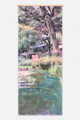 Helena Uambembe On the site of the Okavango it was the meeting point and the division line 2024 200 x 80 cm digital photo print, charcoal, color pencil 