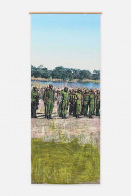 Helena Uambembe In the river on the banks Captain is calling 2024 200 x 80 cm digital photo print, charcoal, color pencil 