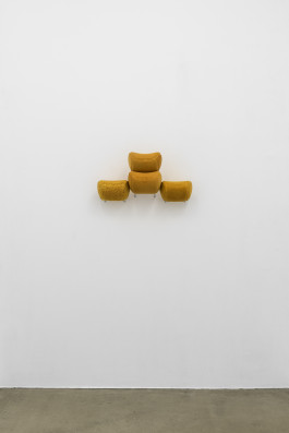 Jiyoon Chung Everything is Personal to Me, 2024 polypropylene head restsraints collected from crushed cars and degraded by mealworms 31 x 81 x 38 cm